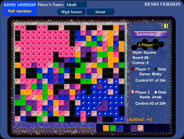 Virus 3 (Windows) screenshot: Playing against the computer opponent. Unfortunately in the demo version the game is forcibly ended halfway through