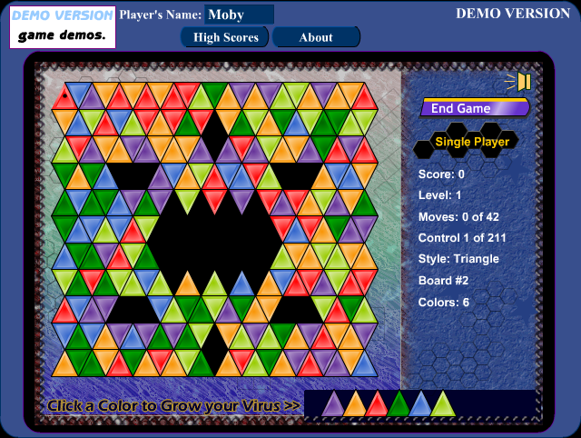 Virus 3 (Windows) screenshot: Triangle-shaped cells make the game more difficult, since each cell only borders three others