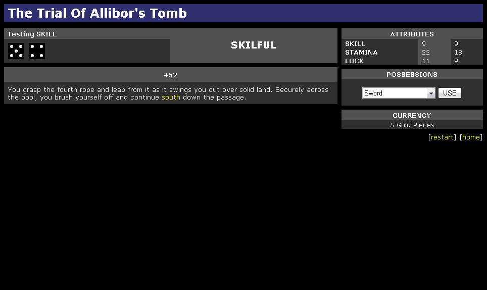 The Trial of Allibor's Tomb (Browser) screenshot: Players get their Skill tested much as their luck, though it doesn't decrease through checks.