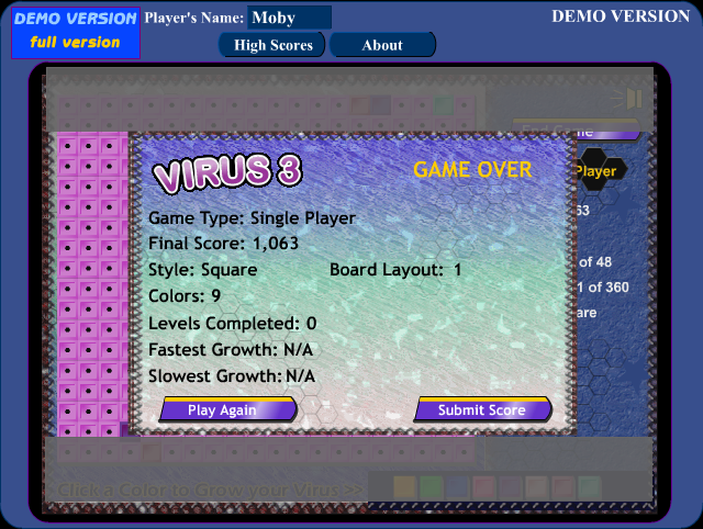 Virus 3 (Windows) screenshot: I ran out of moves - game over