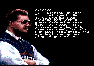 Mike Ditka Ultimate Football (Genesis) screenshot: Coach Ditka giving his comment on Da Bearsss