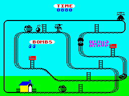 Kong Strikes Back! (ZX Spectrum) screenshot: Level 5: Throwing a bomb.<br> The game has 4 cycles of 4 screens. What varies are the collectible objects and the increasingly number of dangers.