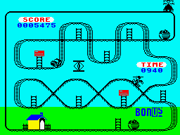 Kong Strikes Back! (ZX Spectrum) screenshot: Level 7: Climbing the rails of the roller coaster.
