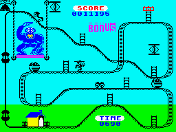 Kong Strikes Back! (ZX Spectrum) screenshot: Level 12: I think Kong is using this approach because he's trying to establish some kind of bond with us... I believe he is being misunderstood.