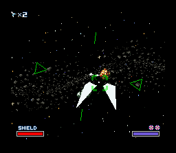 Star Fox (SNES) screenshot: Red asteroids sometimes leave a few power ups