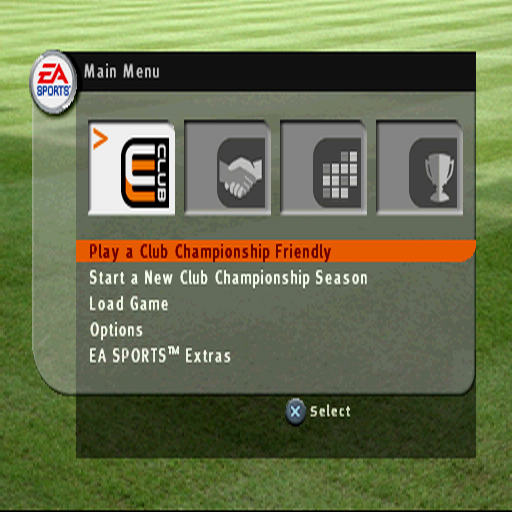 FIFA Soccer 2003 (PlayStation) screenshot: The game's main menu. The EA Sports Extra's option just displays the credits and shows an animated advertisement for other EA Sports products