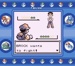 Pokémon Blue Version (Game Boy) screenshot: Brock is the first gym leader you'll fight. He uses all rock-type Pokémon