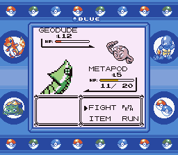 Pokémon Blue Version (Game Boy) screenshot: Metapod vs. Geodude