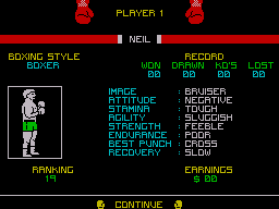 Star Rank Boxing (ZX Spectrum) screenshot: Your stats help determine how well you will do in a fight