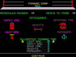 Star Rank Boxing (ZX Spectrum) screenshot: Select how many days training for each piece of equipment