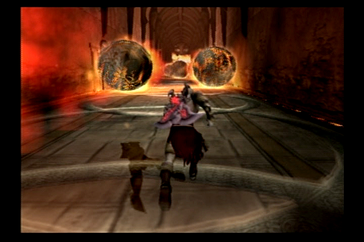 God of War (PlayStation 2) screenshot: Dodging big fire balls.
