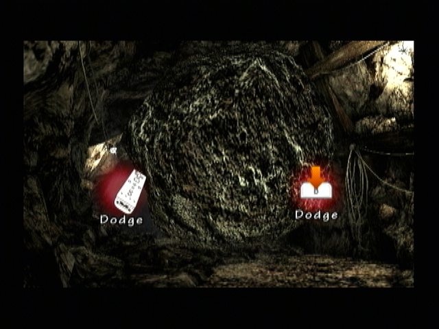 Resident Evil: The Umbrella Chronicles (Wii) screenshot: Action buttons, if both players perform their respective action the boulder will be avoided.