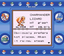 Pokémon Blue Version (Game Boy) screenshot: Charmander's Pokédex. The Pokédex lists information on all types of Pokémon that you have owned.