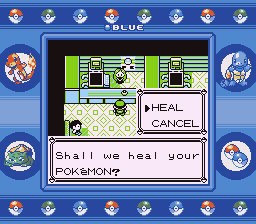 Pokémon Blue Version (Game Boy) screenshot: A Pokémon Center. You'll always say yes here.