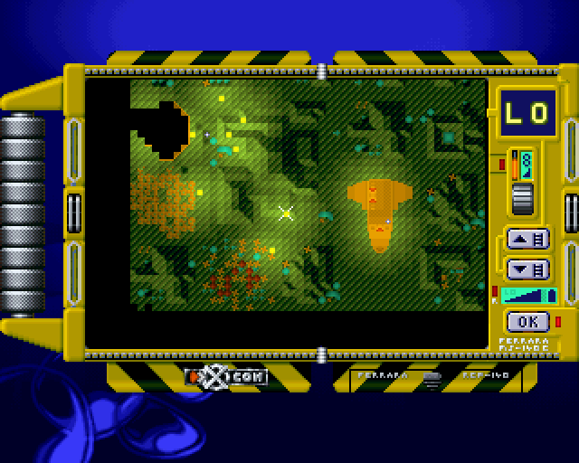 X-COM: Terror from the Deep (PlayStation) screenshot: The tactical thermal-image map, showing you the layout of the level and the position of your units and items.
