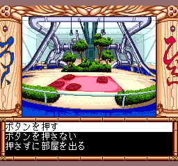 Tenchi Muyō! Ryō-ōki (TurboGrafx CD) screenshot: Outside. Choices: press the button or not?