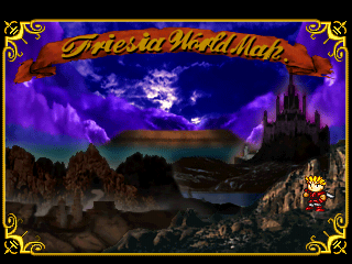 Lucifer Ring (PlayStation) screenshot: The Friesia world map. Nash is in the bottom right corner looking very Super Deformed.