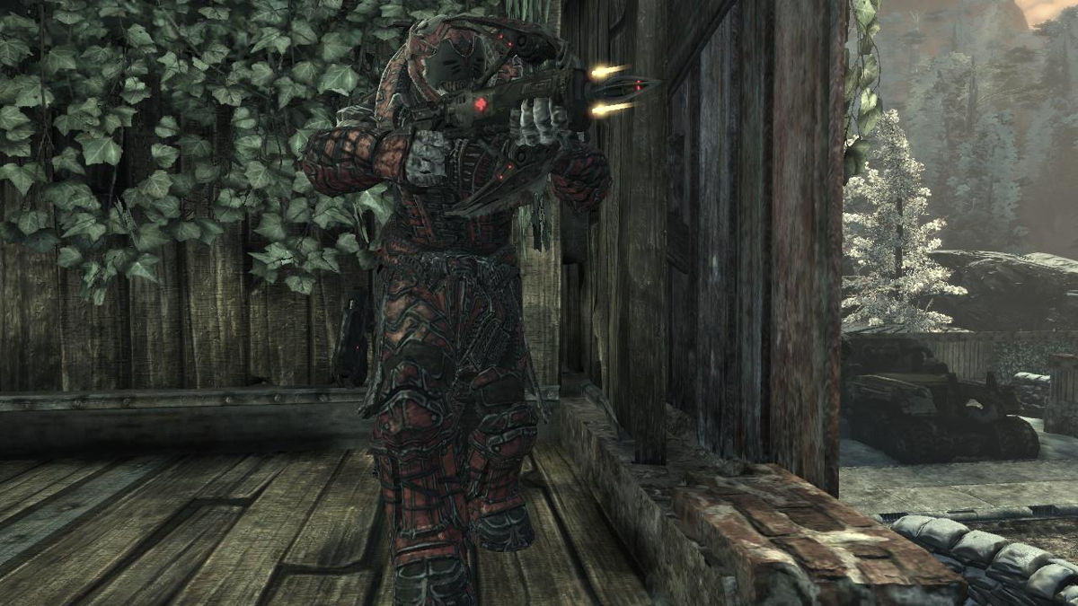 Gears of War 2 (Xbox 360) screenshot: Theron Guard armed with a Torque Bow