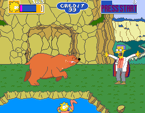 The Simpsons (Arcade) screenshot: Waylon already dropped Maggie into a river when saw a bear. YIKES!