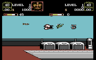 U.N. Squadron (Commodore 64) screenshot: Destroying the first wave of helicopters.