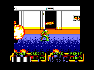 Teenage Mutant Ninja Turtles (Amstrad CPC) screenshot: Fire in the elevator