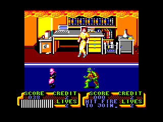 Teenage Mutant Ninja Turtles (Amstrad CPC) screenshot: April O' Neil looks safe from the fire on the ceiling