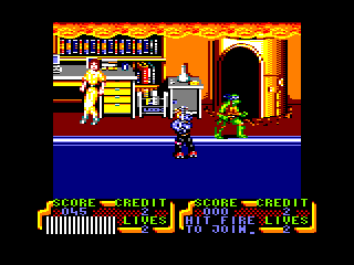 Teenage Mutant Ninja Turtles (Amstrad CPC) screenshot: Say hello to Rocksteady