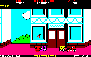 Pac-Land (Amstrad CPC) screenshot: Pac-Man got hit by a vehicle