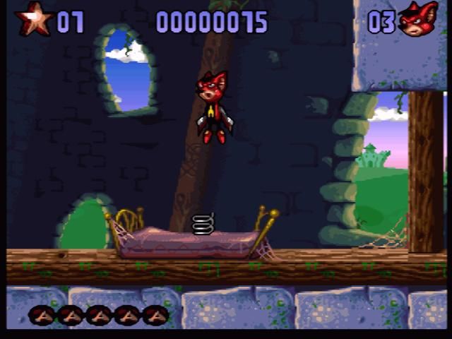 Aero the Acro-Bat 2 (SNES) screenshot: Jumping on the bed