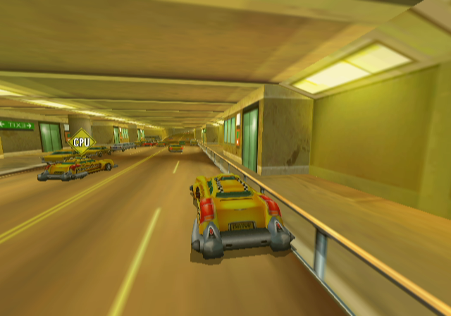 Smashing Drive (GameCube) screenshot: The other car is your enemy.