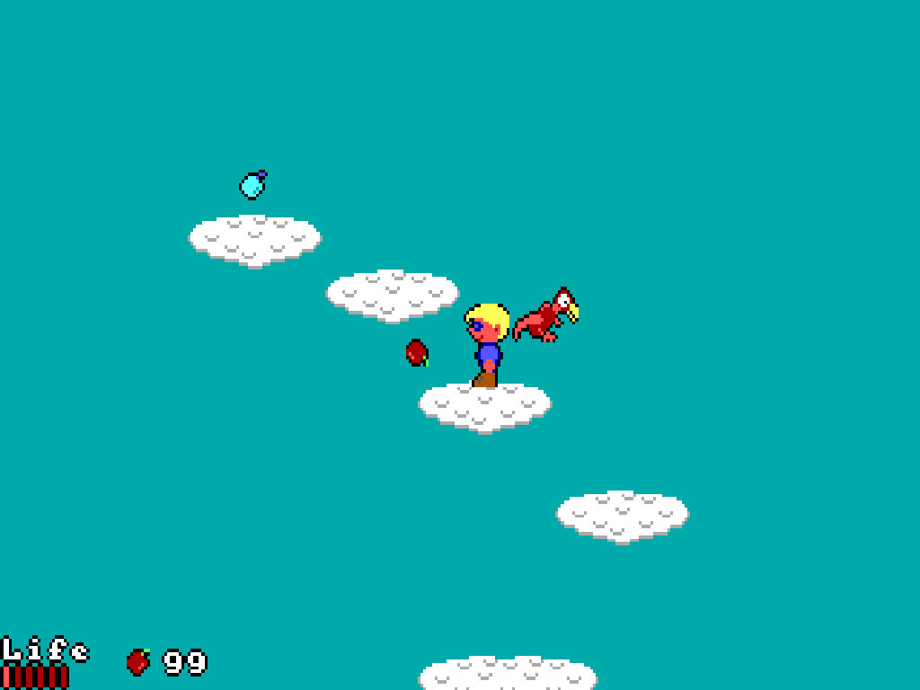 ElfLand (Windows) screenshot: The clouds can be used to jump up to hidden items.
