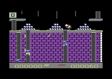 Quasimodo (Commodore 64) screenshot: Why are they coming after me? Why can't the mean men leave poor Quasimodo alone?