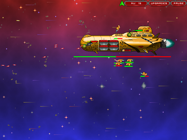 Orbital Decay (Browser) screenshot: An enemy capital ship -- it also has a fighter-ship bay, which just released 4 little ones.