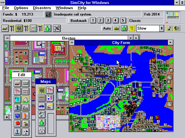 SimCity (Windows 3.x) screenshot: City view of Boston