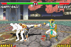 Mortal Kombat: Tournament Edition (Game Boy Advance) screenshot: First battle in progress: Johnny Cage tries to attack Rayden using his fast-speed move Shadow Kick.