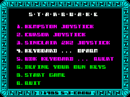 Starquake (ZX Spectrum) screenshot: Game options