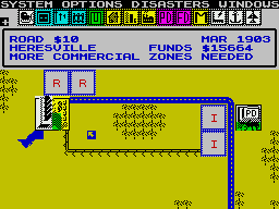 SimCity (ZX Spectrum) screenshot: Beginning to build a city