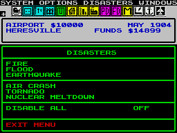 SimCity (ZX Spectrum) screenshot: Disasters, one of the menus