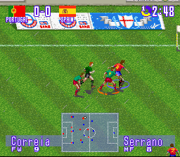 International Superstar Soccer Deluxe (SNES) screenshot: Portugal - Spain, Great control!