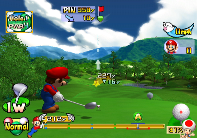 Mario Golf: Toadstool Tour (GameCube) screenshot: Mario prepares to tee off...