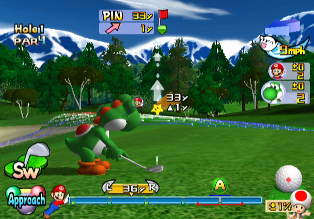 Mario Golf: Toadstool Tour (GameCube) screenshot: Yoshi approaches the green