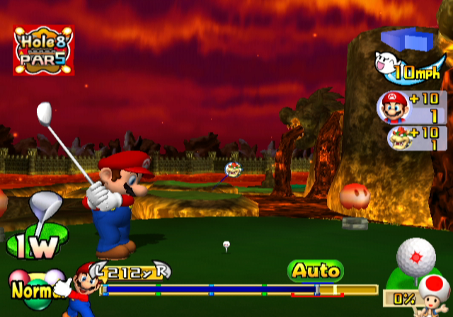 Mario Golf: Toadstool Tour (GameCube) screenshot: Avoid the lava hazard on this hole