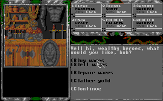 Legend of Faerghail (Atari ST) screenshot: Fighters are nothing without equipment, so make them something