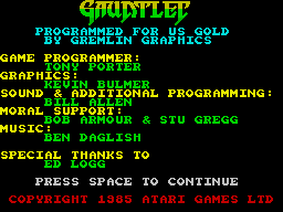 Gauntlet (ZX Spectrum) screenshot: Game credits