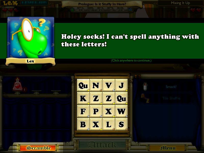 Bookworm Adventures Volume 2 (Windows) screenshot: The letters can be replaced with the scramble button.