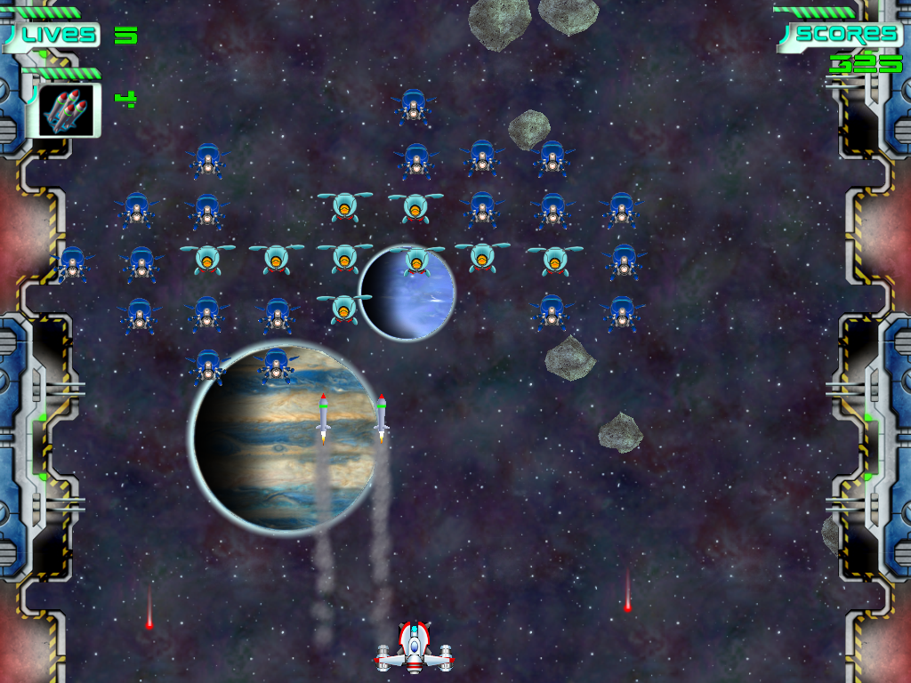 Galaxy Invaders (Windows) screenshot: I speak an universally understood language, where the only vowels are laser blasts and the only consonants are missiles.