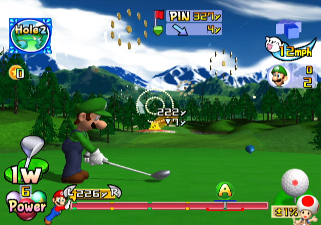 Mario Golf: Toadstool Tour (GameCube) screenshot: Coin challenge; try to make the ball hit as many coins as possible