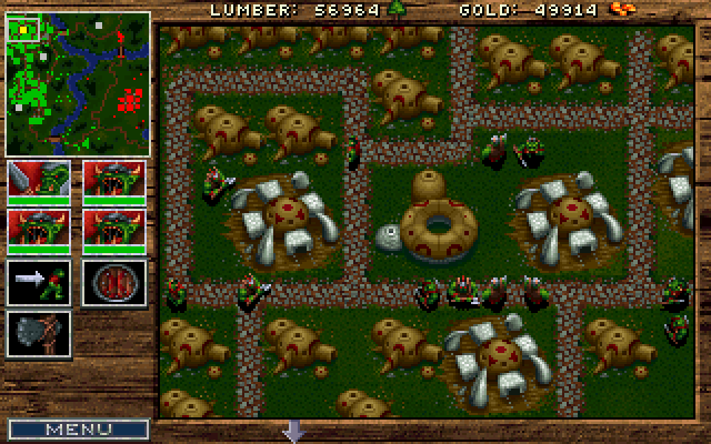 WarCraft: Orcs & Humans (DOS) screenshot: Sprawling orc metropolis