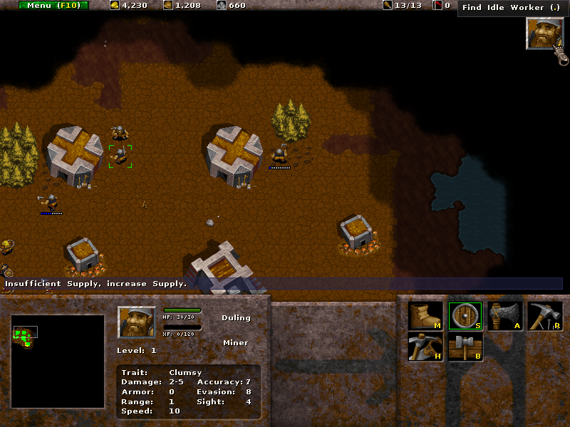 Wyrmsun (Windows) screenshot: The interface allows to quickly find worker units which do not have any tasks assigned to them (v1.9.0).