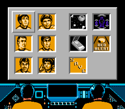 Star Trek: 25th Anniversary (NES) screenshot: Ship options: Comunicate, enter battle mode, talk to crew members, call starmap or beam down to planets.
